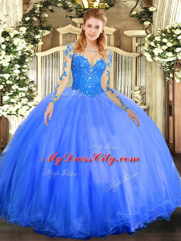 Blue Scoop Neckline Lace Quinceanera Dresses Long Sleeves Lace Up