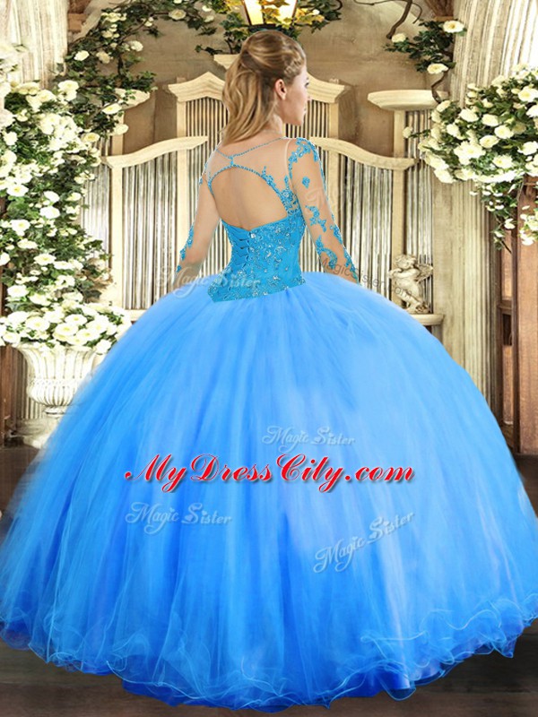 Blue Scoop Neckline Lace Quinceanera Dresses Long Sleeves Lace Up