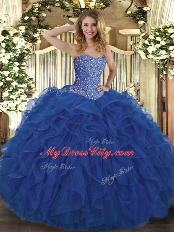 Latest Sleeveless Beading and Ruffles Lace Up Quince Ball Gowns