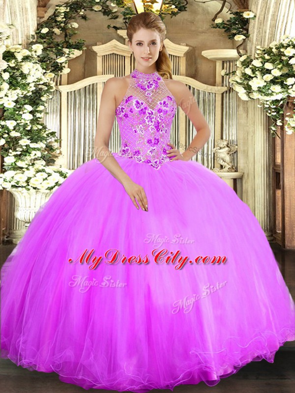 Modern Lilac Tulle Lace Up 15 Quinceanera Dress Sleeveless Floor Length Beading and Embroidery