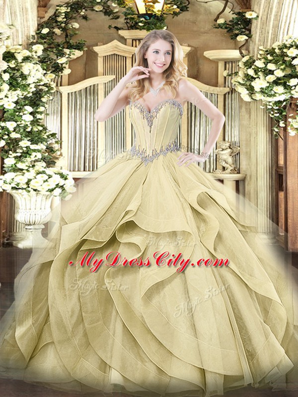 Dazzling Sleeveless Floor Length Beading and Ruffles Lace Up 15 Quinceanera Dress with Yellow