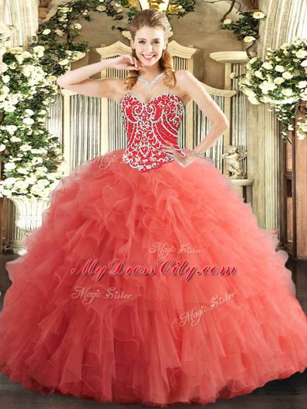 Customized Sweetheart Sleeveless Lace Up Vestidos de Quinceanera Watermelon Red Tulle