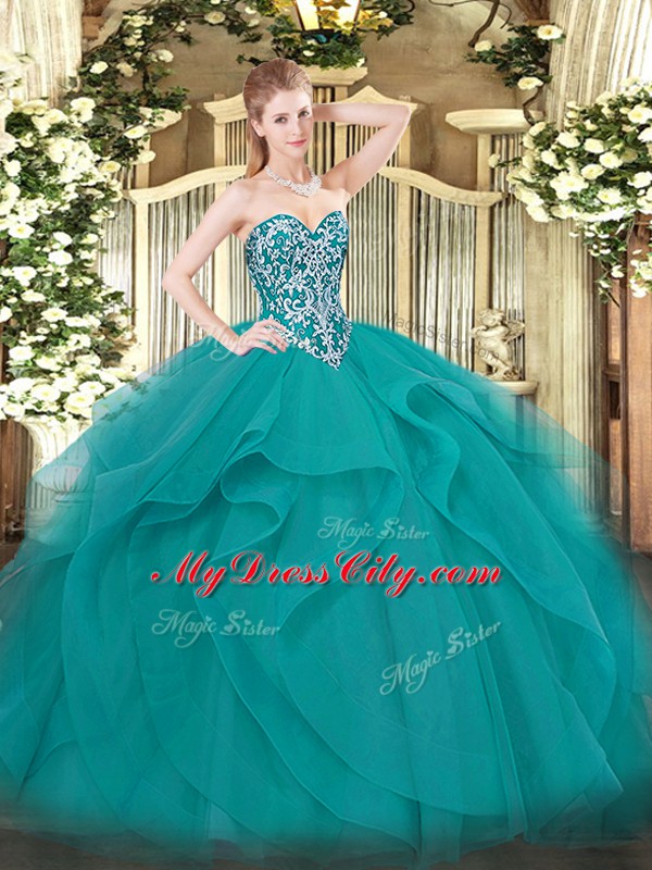 Dramatic Teal Ball Gowns Tulle Sweetheart Sleeveless Beading and Ruffles Floor Length Lace Up Quinceanera Gown