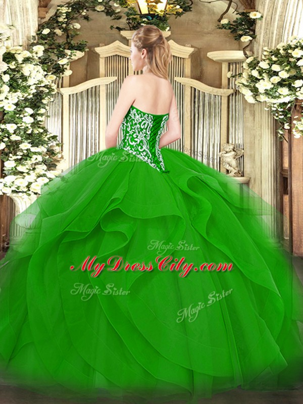 Dramatic Teal Ball Gowns Tulle Sweetheart Sleeveless Beading and Ruffles Floor Length Lace Up Quinceanera Gown