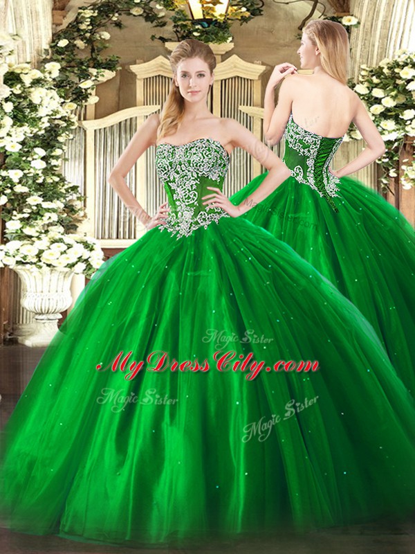 Custom Fit Strapless Sleeveless Lace Up Quinceanera Dresses Green Tulle