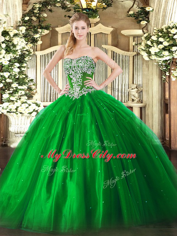 Custom Fit Strapless Sleeveless Lace Up Quinceanera Dresses Green Tulle