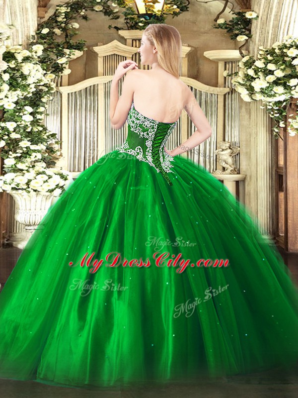 Custom Fit Strapless Sleeveless Lace Up Quinceanera Dresses Green Tulle