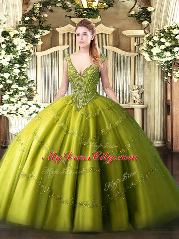 Olive Green Sleeveless Beading and Appliques Floor Length 15 Quinceanera Dress