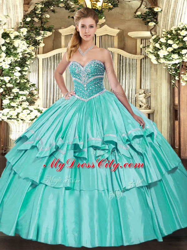 Sophisticated Apple Green Lace Up Ball Gown Prom Dress Beading and Ruffled Layers Sleeveless Floor Length