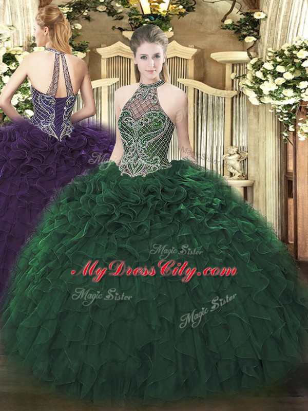 Dark Green Sleeveless Beading and Ruffles Floor Length Sweet 16 Quinceanera Dress