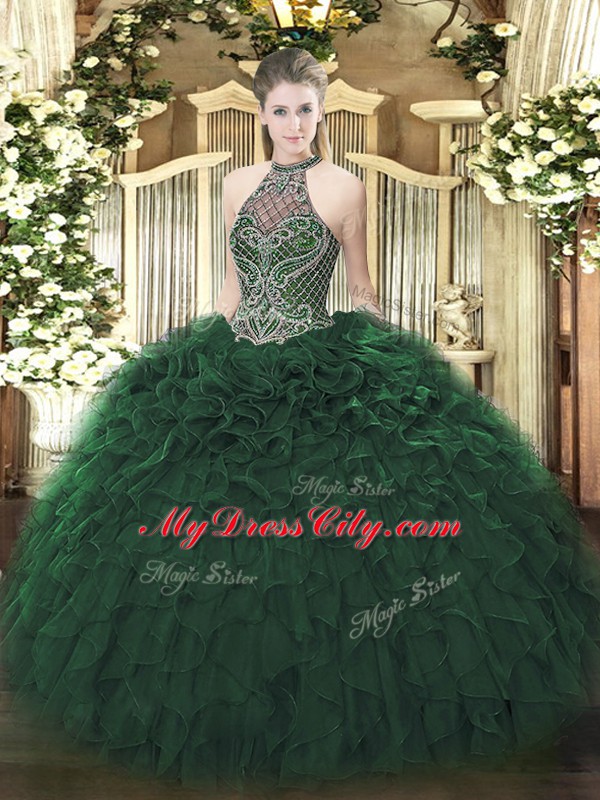 Dark Green Sleeveless Beading and Ruffles Floor Length Sweet 16 Quinceanera Dress