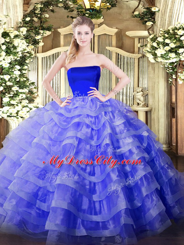 Captivating Floor Length Blue Ball Gown Prom Dress Tulle Sleeveless Ruffled Layers