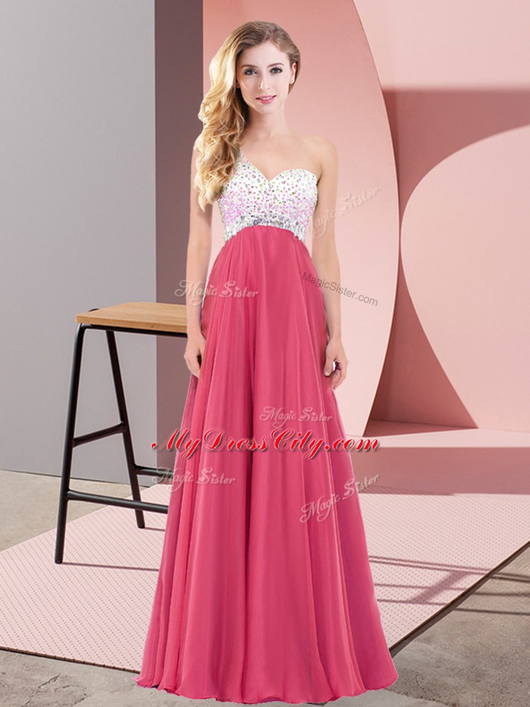 Coral Red Empire One Shoulder Sleeveless Chiffon Floor Length Criss Cross Beading Dress for Prom