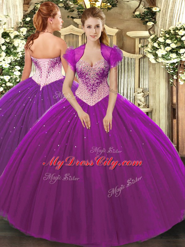 Eggplant Purple Ball Gowns Sweetheart Sleeveless Tulle Floor Length Lace Up Beading Quince Ball Gowns