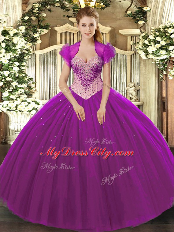 Eggplant Purple Ball Gowns Sweetheart Sleeveless Tulle Floor Length Lace Up Beading Quince Ball Gowns