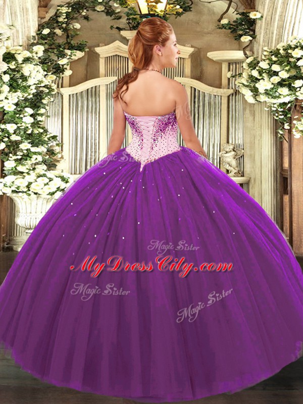 Eggplant Purple Ball Gowns Sweetheart Sleeveless Tulle Floor Length Lace Up Beading Quince Ball Gowns