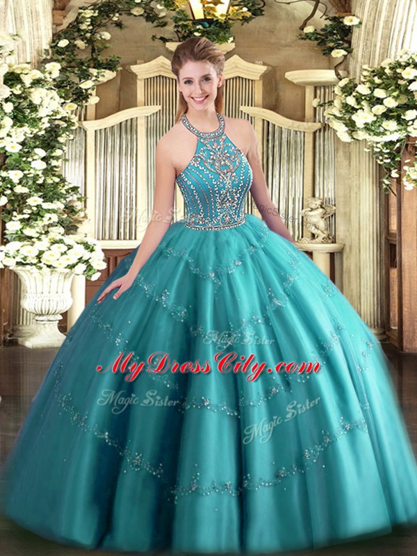 Exceptional Floor Length Lace Up Sweet 16 Dress Teal for Military Ball and Sweet 16 and Quinceanera with Beading and Appliques