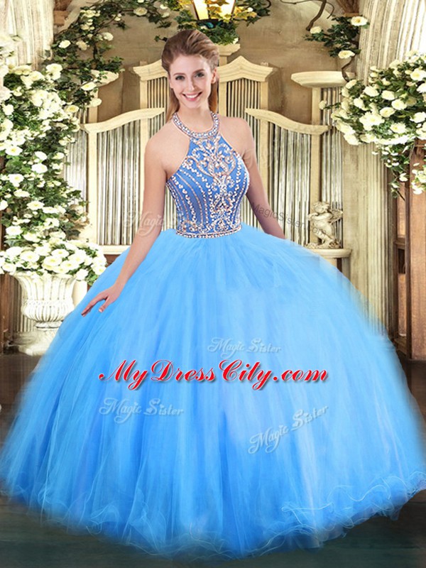 Halter Top Sleeveless Quince Ball Gowns Floor Length Beading Blue Tulle