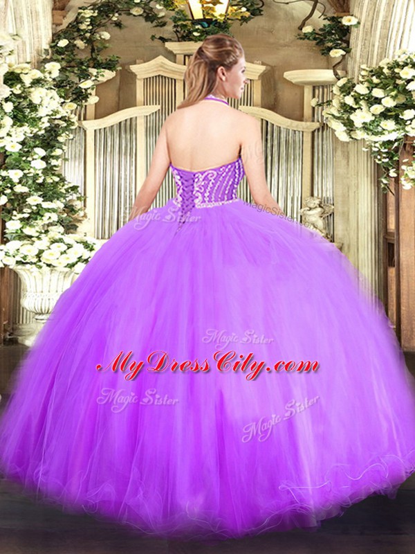 Halter Top Sleeveless Quince Ball Gowns Floor Length Beading Blue Tulle