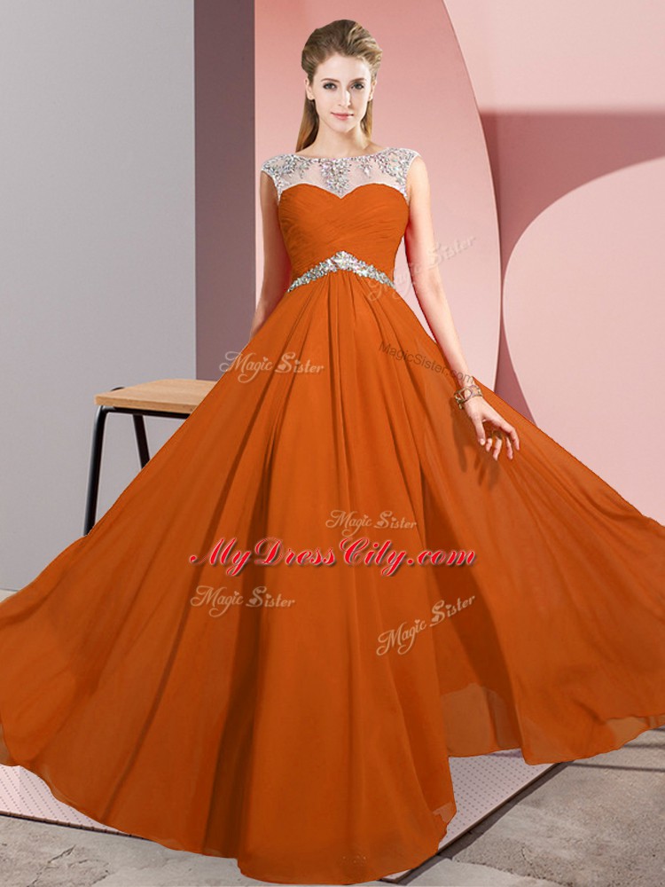 Rust Red Clasp Handle Scoop Beading Dress for Prom Chiffon Sleeveless