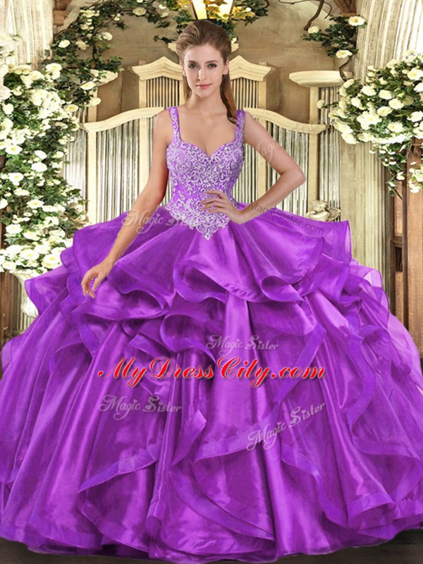 Exquisite Ball Gowns Ball Gown Prom Dress Eggplant Purple Straps Organza Sleeveless Floor Length Lace Up