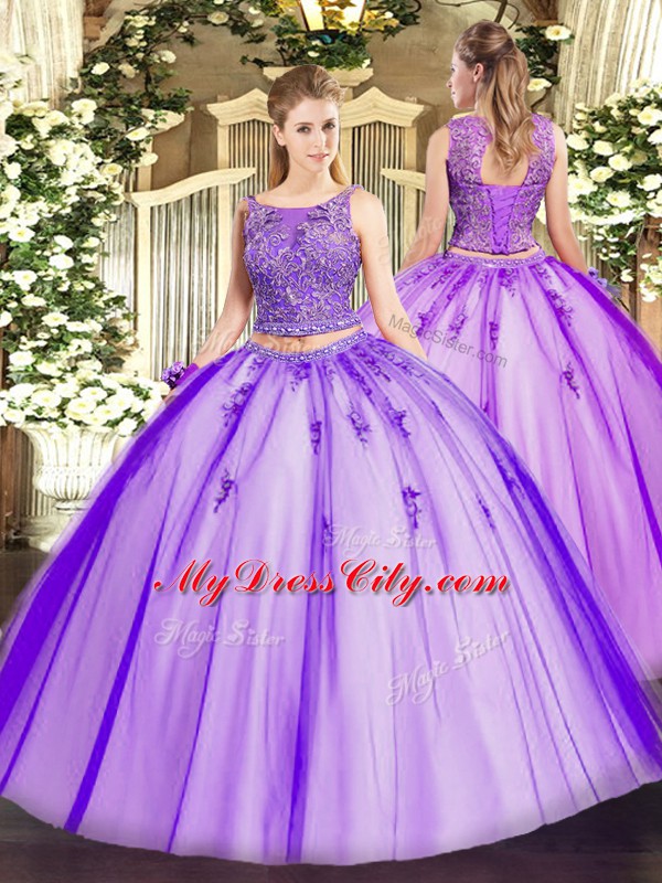 Dazzling Lavender Scoop Neckline Beading and Appliques Sweet 16 Dresses Sleeveless Lace Up