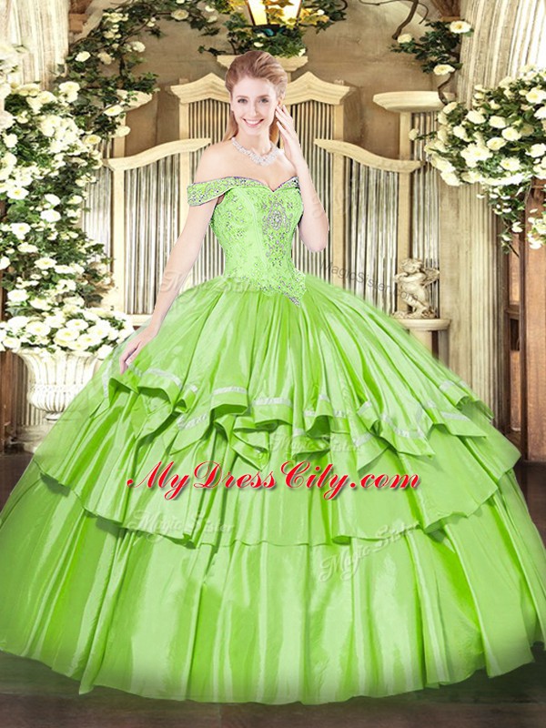 Ball Gowns Organza and Taffeta Off The Shoulder Sleeveless Beading and Ruffled Layers Floor Length Lace Up Sweet 16 Dresses