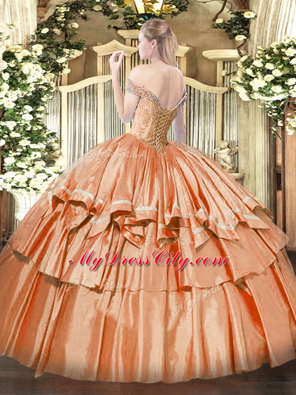 Ball Gowns Organza and Taffeta Off The Shoulder Sleeveless Beading and Ruffled Layers Floor Length Lace Up Sweet 16 Dresses