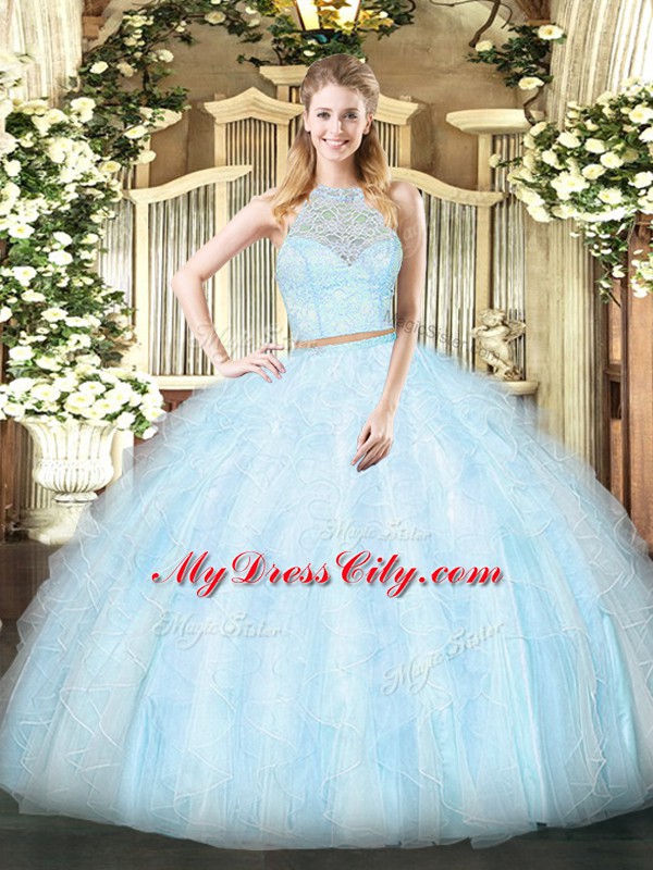 Lace and Ruffles Vestidos de Quinceanera Light Blue Zipper Sleeveless Floor Length