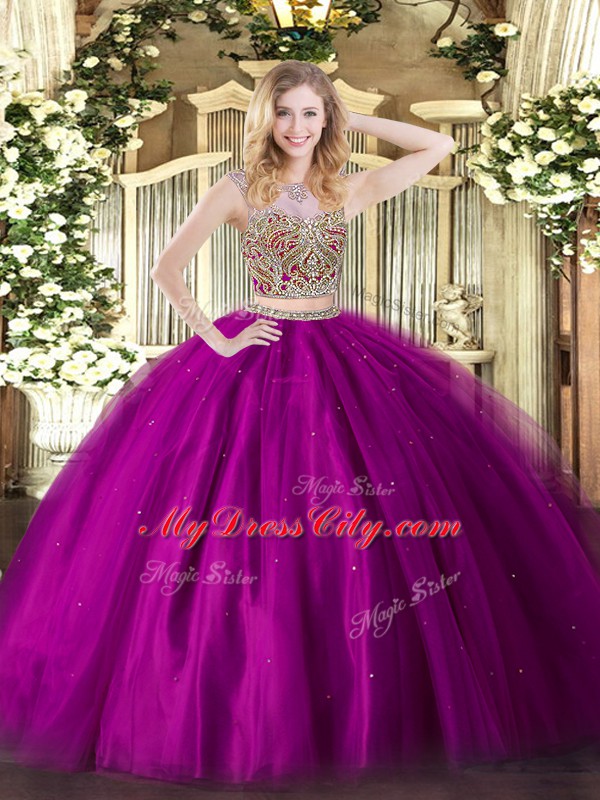 Low Price Floor Length Two Pieces Sleeveless Fuchsia Sweet 16 Dresses Lace Up