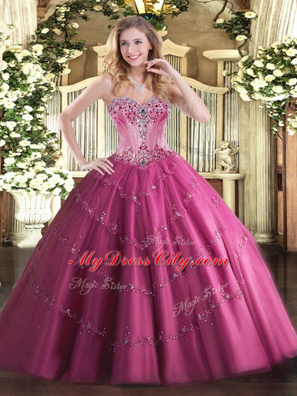 Fuchsia Lace Up Sweet 16 Quinceanera Dress Beading Sleeveless Floor Length