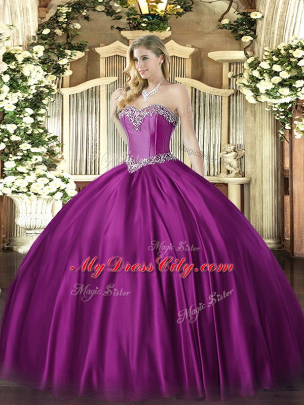 Sleeveless Satin Floor Length Lace Up Quinceanera Dress in Fuchsia with Beading