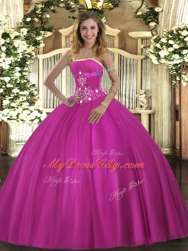 Fuchsia Tulle Lace Up Strapless Sleeveless Floor Length Quinceanera Gown Beading