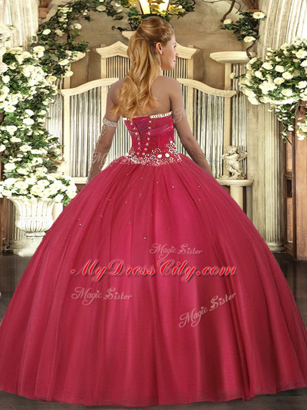 Fuchsia Tulle Lace Up Strapless Sleeveless Floor Length Quinceanera Gown Beading