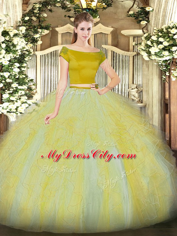 Off The Shoulder Short Sleeves Zipper Quinceanera Gown Gold Tulle