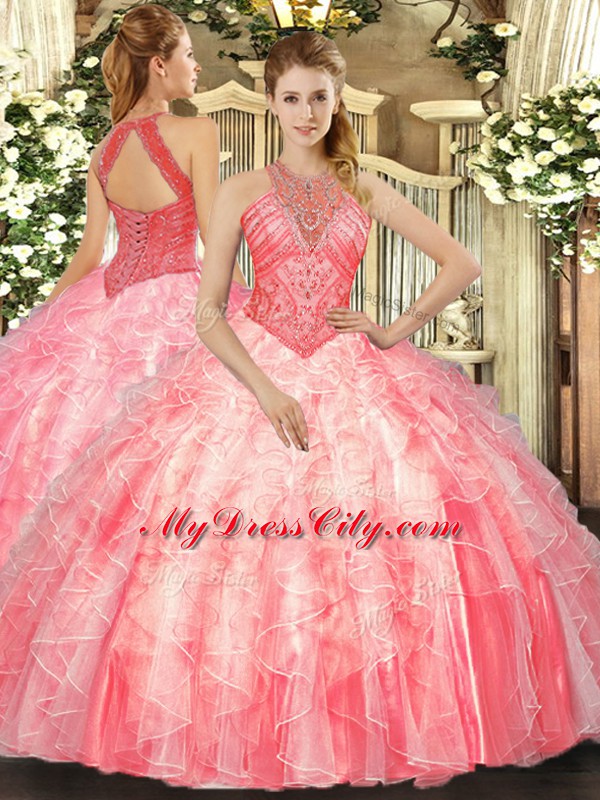 Popular Watermelon Red Sleeveless Floor Length Beading and Ruffles Lace Up Quinceanera Gowns