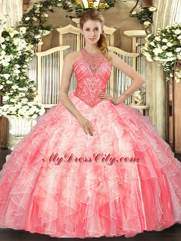 Popular Watermelon Red Sleeveless Floor Length Beading and Ruffles Lace Up Quinceanera Gowns