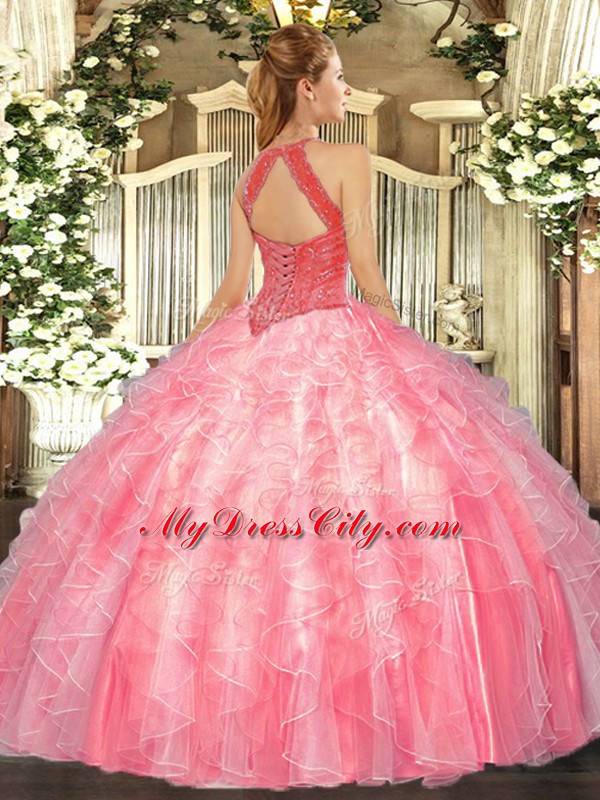 Popular Watermelon Red Sleeveless Floor Length Beading and Ruffles Lace Up Quinceanera Gowns