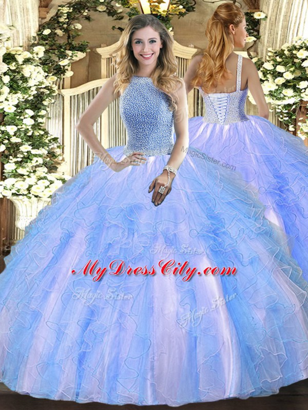 Fantastic Baby Blue Tulle Lace Up High-neck Sleeveless Floor Length Quince Ball Gowns Beading and Ruffles