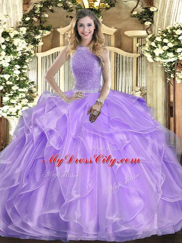 Lavender Lace Up High-neck Beading and Ruffles Ball Gown Prom Dress Organza Sleeveless