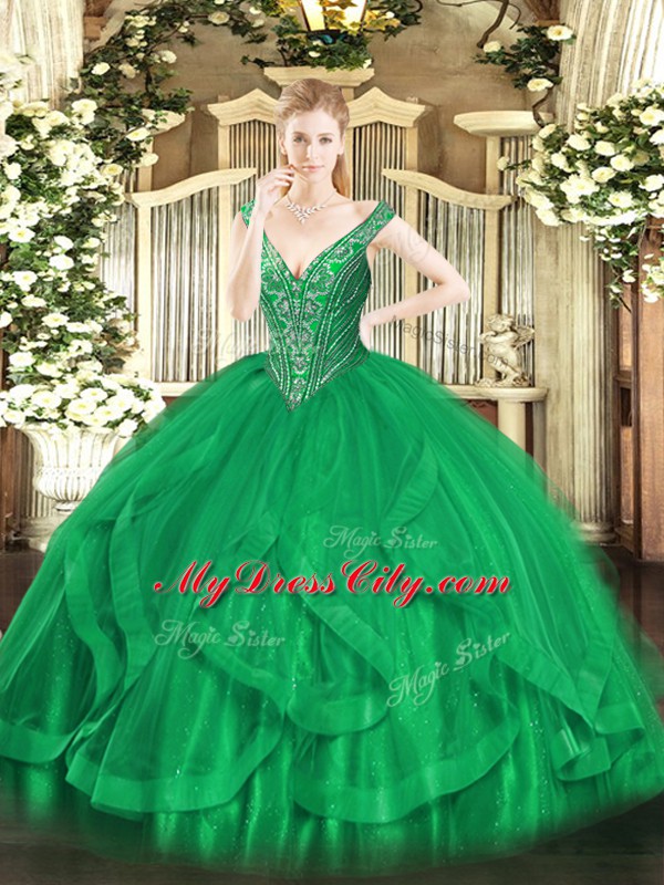 High Class Green Lace Up Ball Gown Prom Dress Beading and Ruffles Sleeveless Floor Length