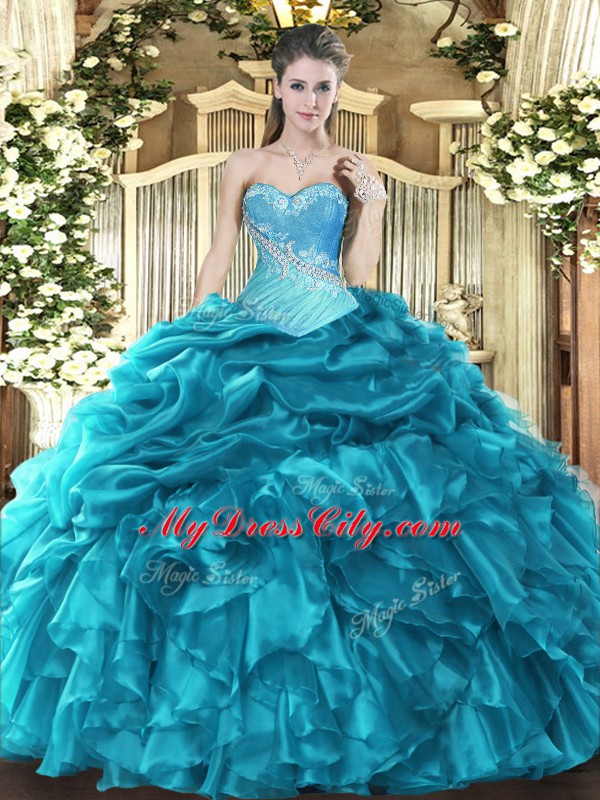 Delicate Sweetheart Sleeveless Quinceanera Gowns Floor Length Beading and Ruffles and Pick Ups Teal Organza