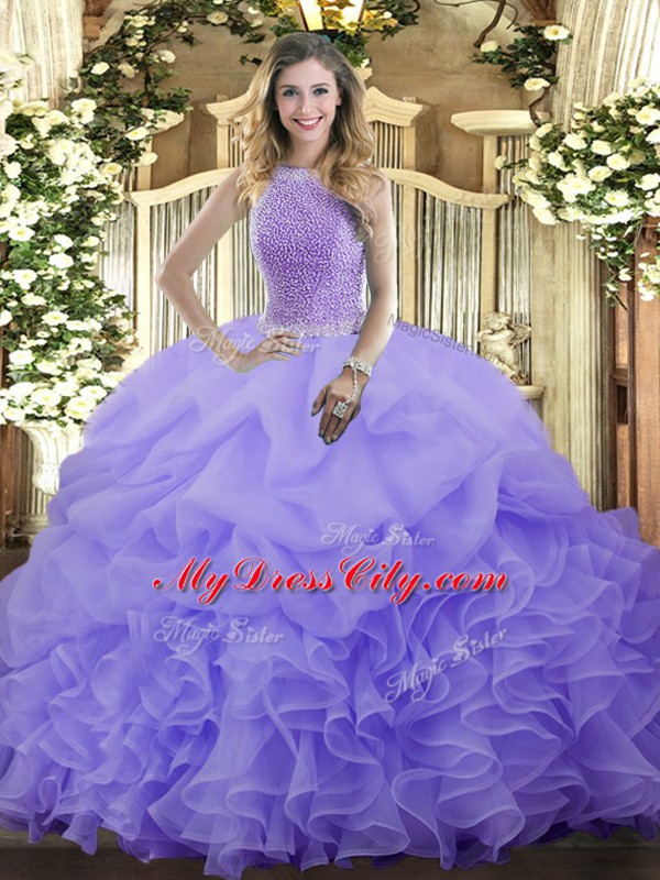 High-neck Sleeveless Organza Quinceanera Dress Beading and Ruffles and Pick Ups Lace Up