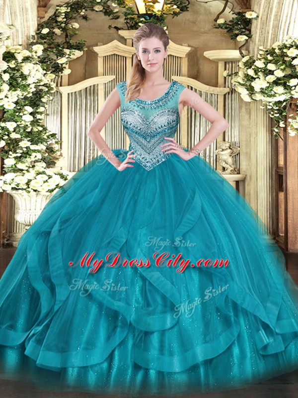 Exceptional Floor Length Teal 15 Quinceanera Dress Scoop Sleeveless Lace Up