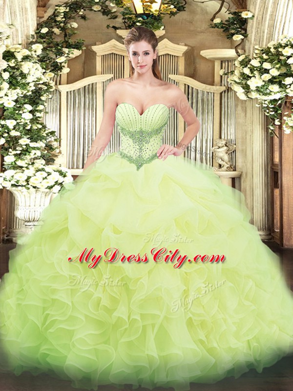 Sleeveless Floor Length Beading and Ruffles and Pick Ups Lace Up Quinceanera Gowns with Yellow Green