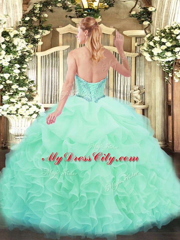 Sleeveless Floor Length Beading and Ruffles and Pick Ups Lace Up Quinceanera Gowns with Yellow Green