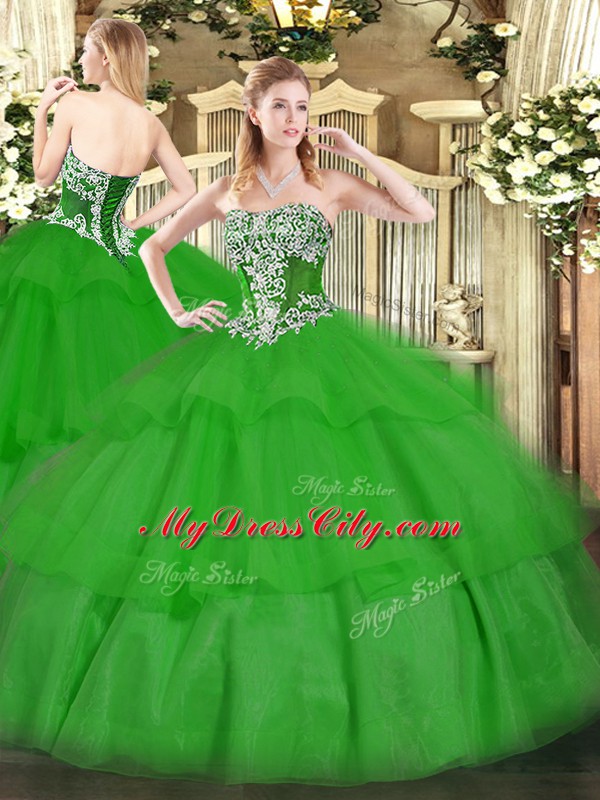 Amazing Floor Length Lace Up Vestidos de Quinceanera Green for Military Ball and Sweet 16 and Quinceanera with Beading and Ruffled Layers