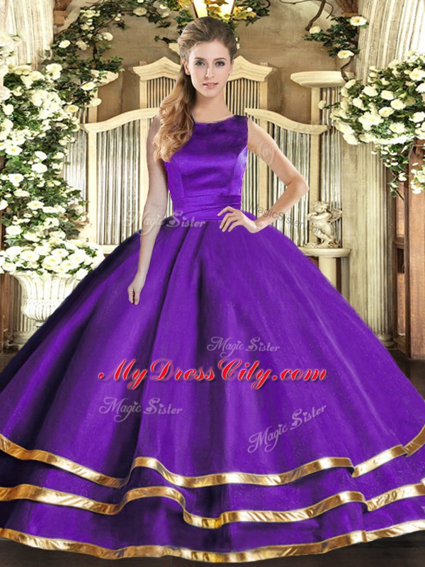 Purple Sleeveless Floor Length Ruffled Layers Lace Up Sweet 16 Quinceanera Dress