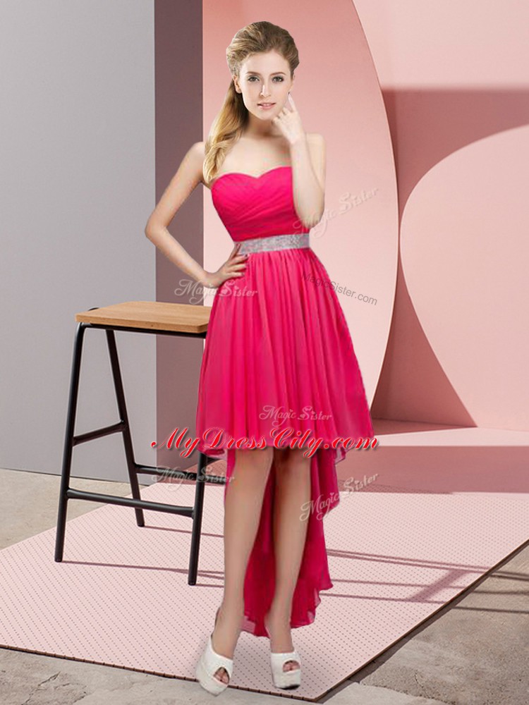 Hot Pink Chiffon Lace Up Evening Dress Sleeveless High Low Beading