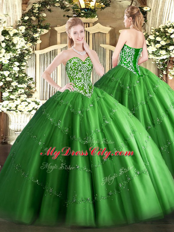 On Sale Green Lace Up Sweet 16 Dresses Beading and Appliques Sleeveless Floor Length